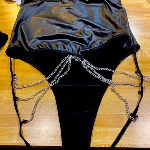 Naughty Wet Look Black Teddy w/cheek chains.
